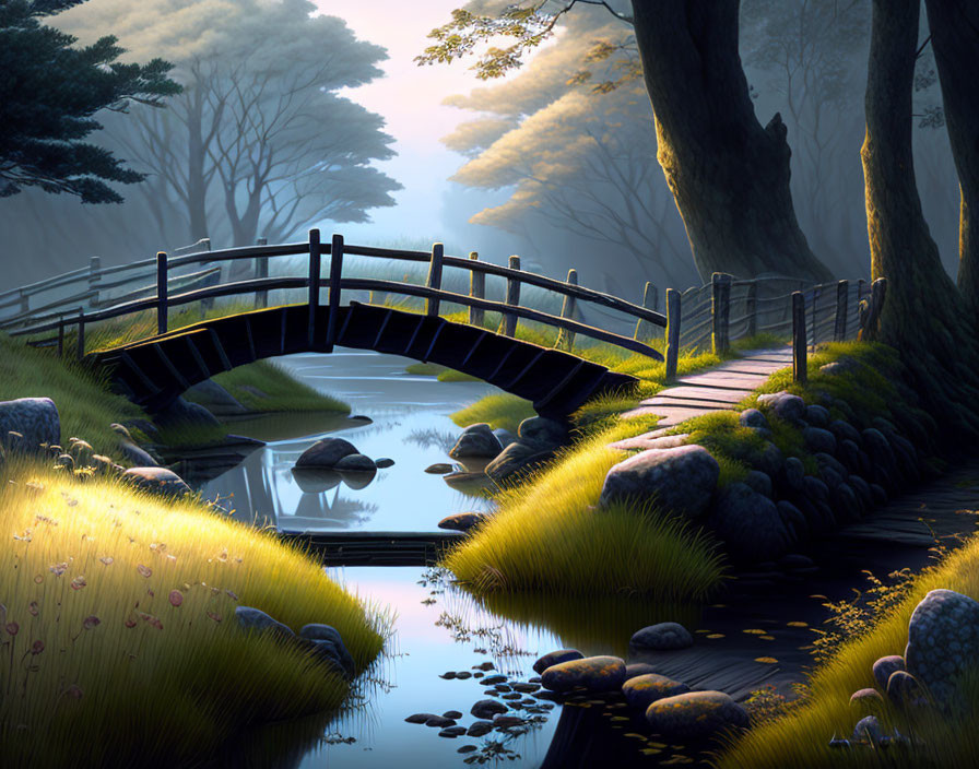 Tranquil woodland dawn with wooden bridge and stream