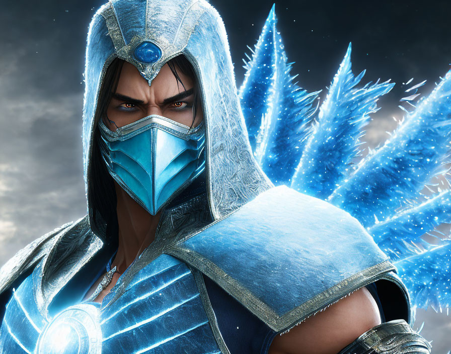 Blue ninja with crystalline armor and icy wings depicted.