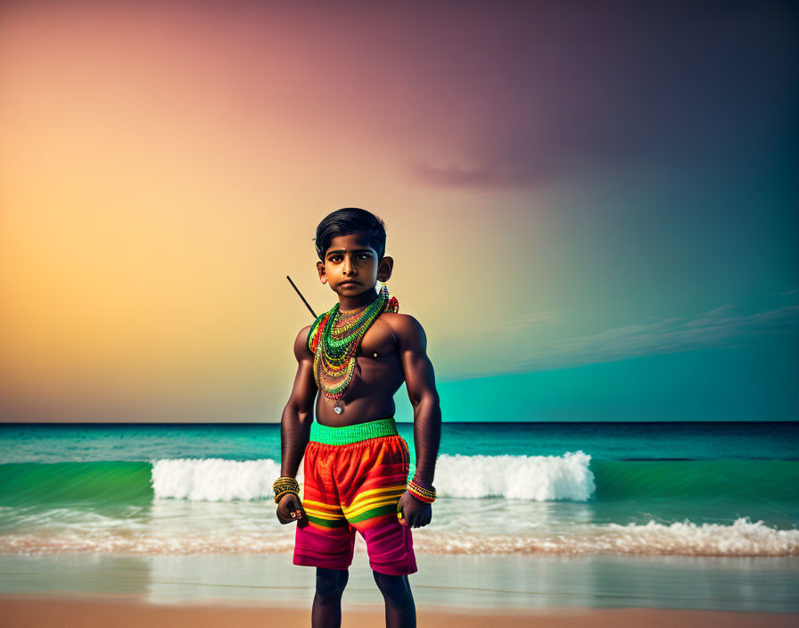 Young boy in traditional colorful attire standing on beach at sunset