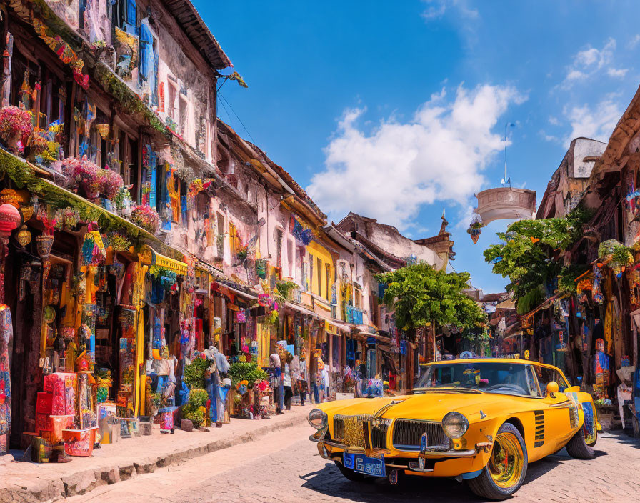 Yellow Classic Car Parked on Colorful Cobblestone Street