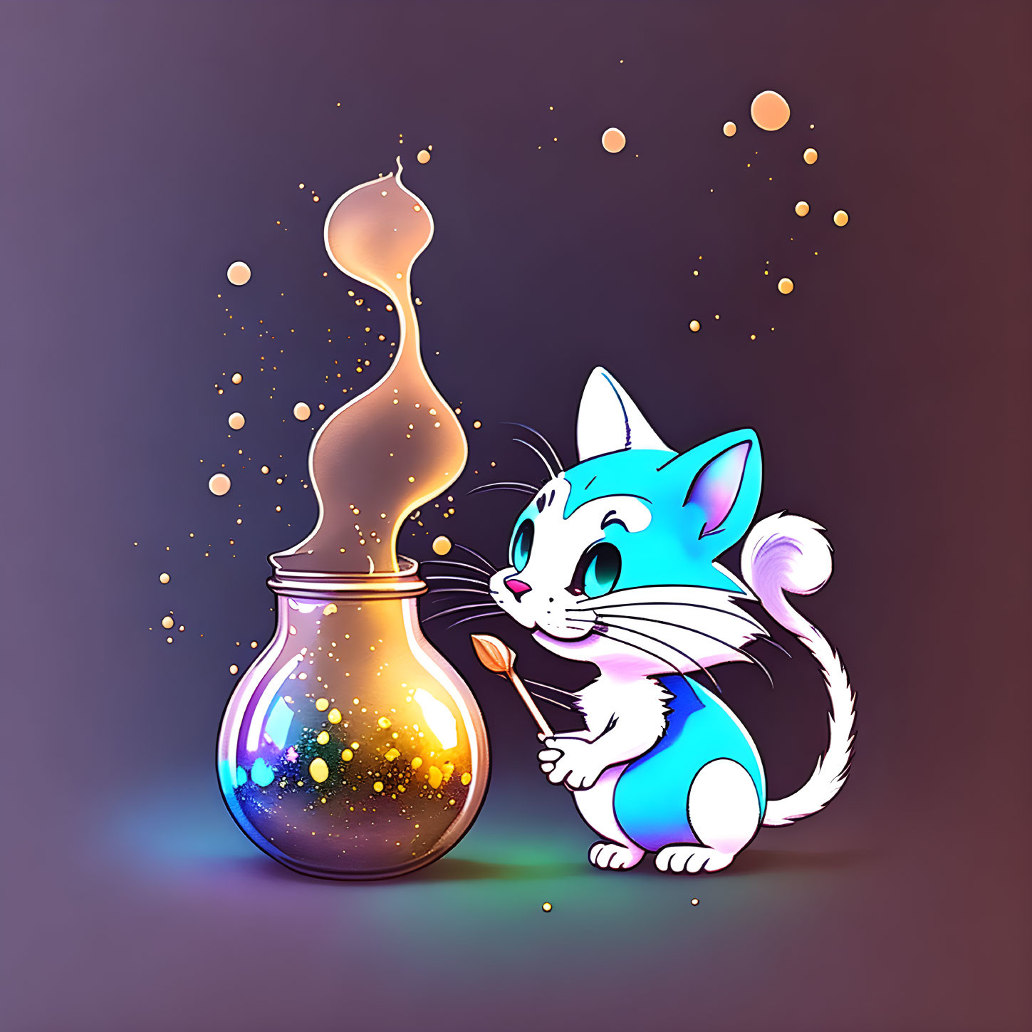 Neon-Blue and White Cat with Sparkling Potion and Magical Droplets