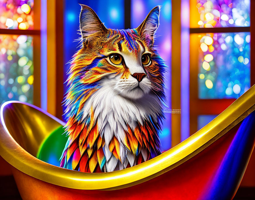 Whimsical cat painting with vibrant fur in hammock against stained glass backdrop