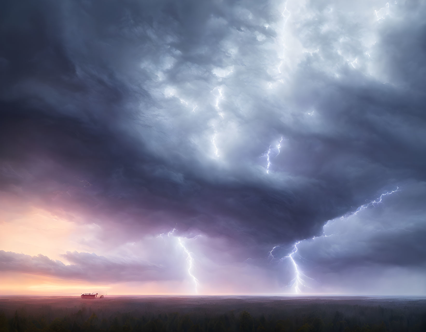 Dramatic Twilight Landscape with Lightning Strikes and Ship