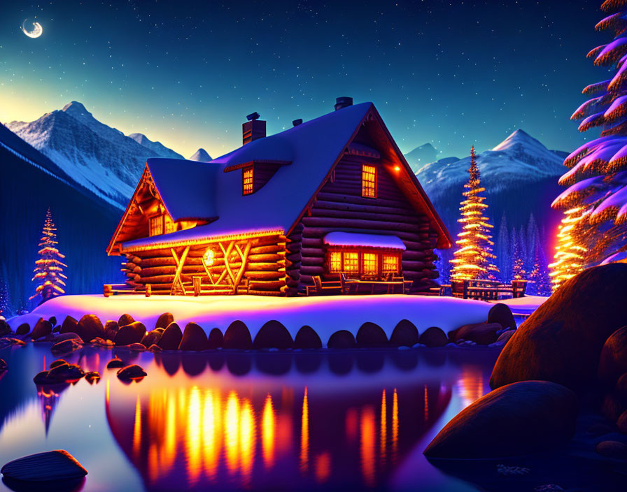 Rustic log cabin by lake with Christmas trees and starry sky