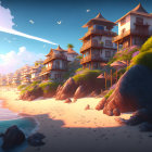 Scenic coastal village with wooden buildings, sandy beach, boats, and clear sky