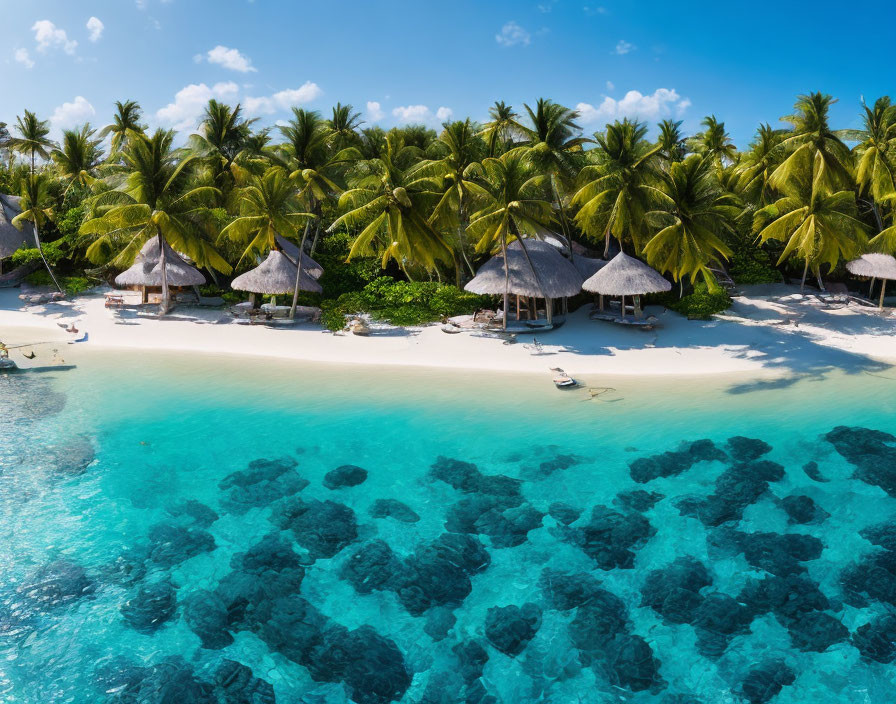 Tropical Beach Aerial View with Huts, Palm Trees, and Coral Reefs