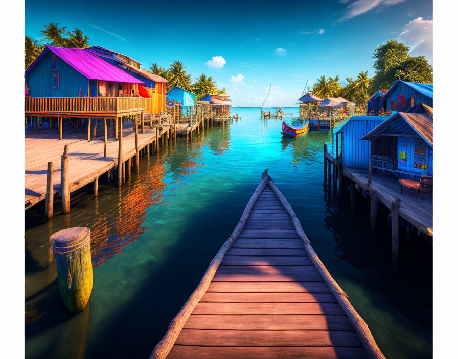 Vibrant stilt houses by clear-water bay with boats and wooden docks