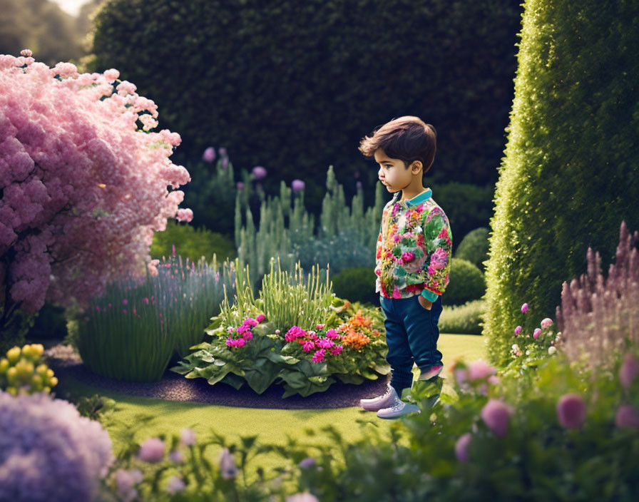 Child in Colorful Jacket Surrounded by Blooming Garden