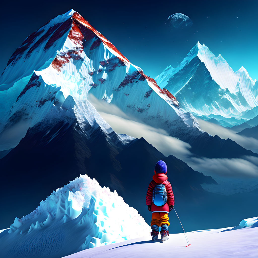 Person in Red Jacket Stands Under Two Moons and Snowy Peaks