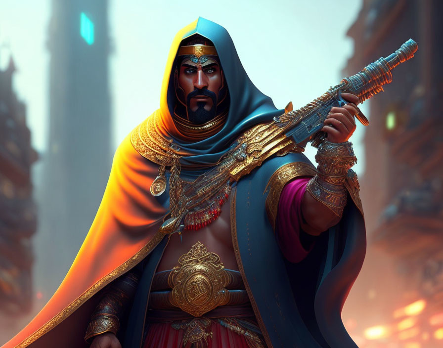 Regal warrior in Middle Eastern attire with jeweled scimitar and mysterious city.