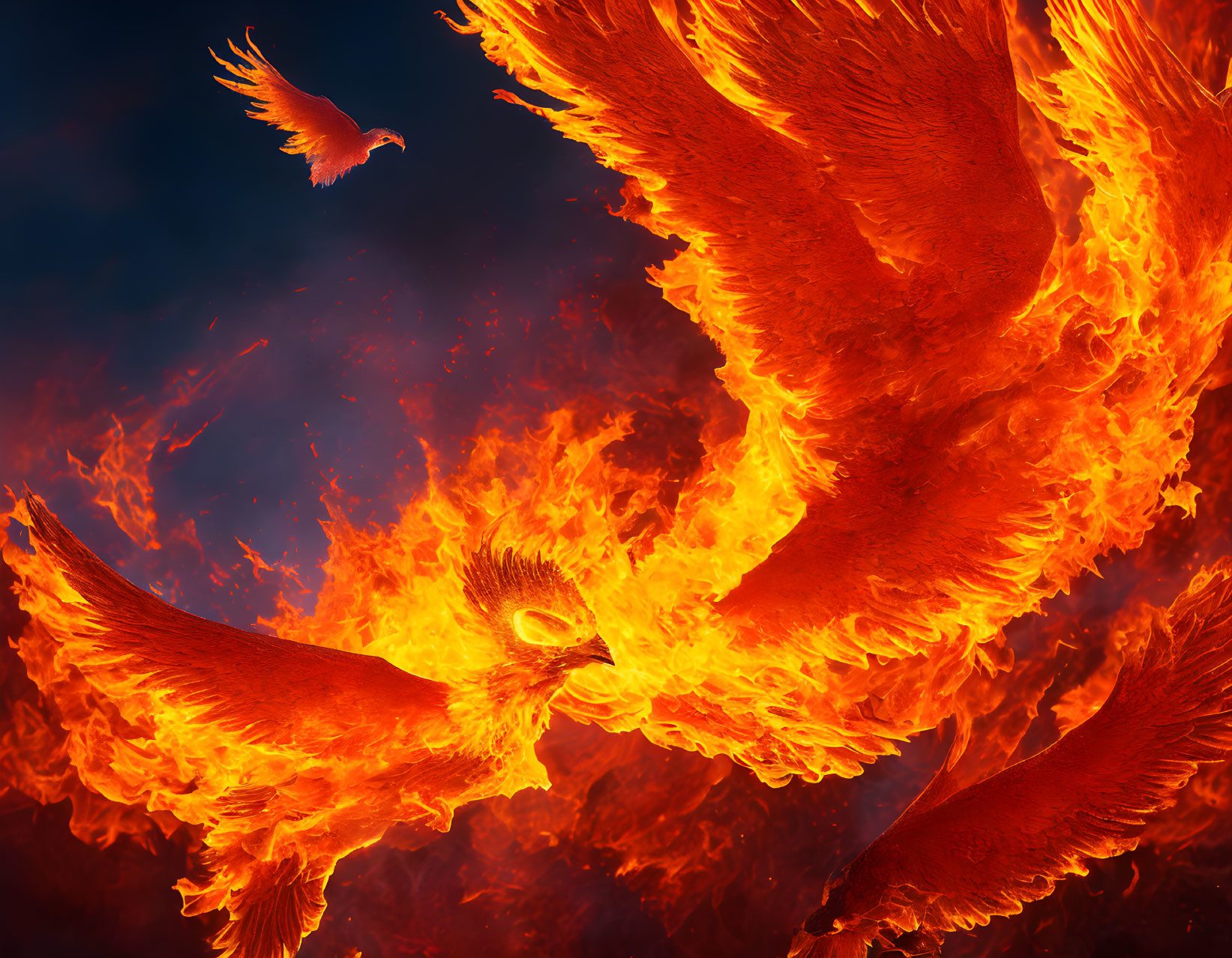 Vibrant phoenix illustration in fiery flames and red-orange hues