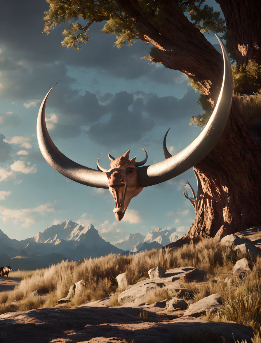 Giant skull with curved horns hanging from tree in serene landscape