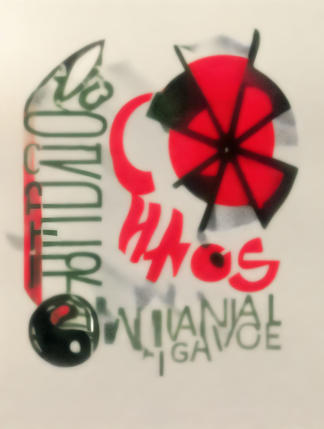 Abstract Black, Red, and Green Design with Typography and Symbolic Elements