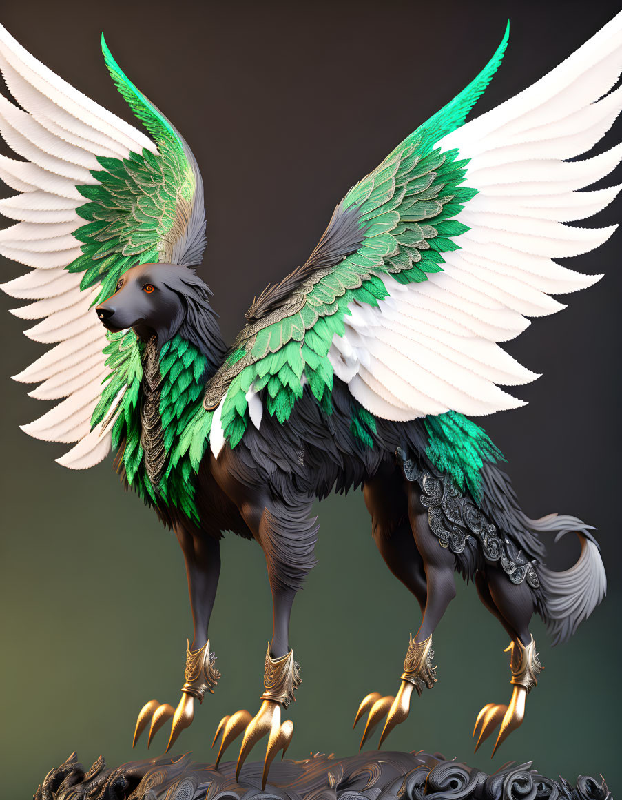 Majestic wolf-like creature with green and white wings and golden talons