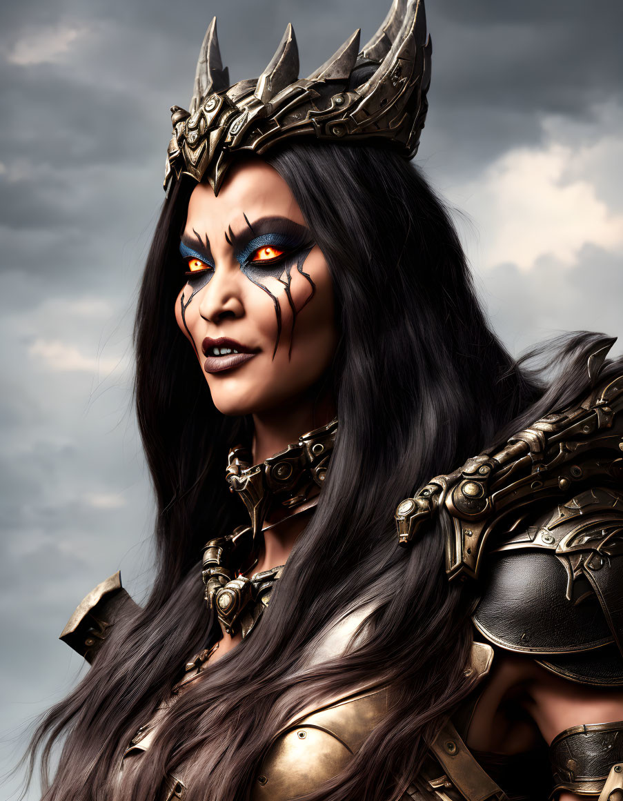 Fantasy warrior queen with striking makeup, crown, and armor against moody sky