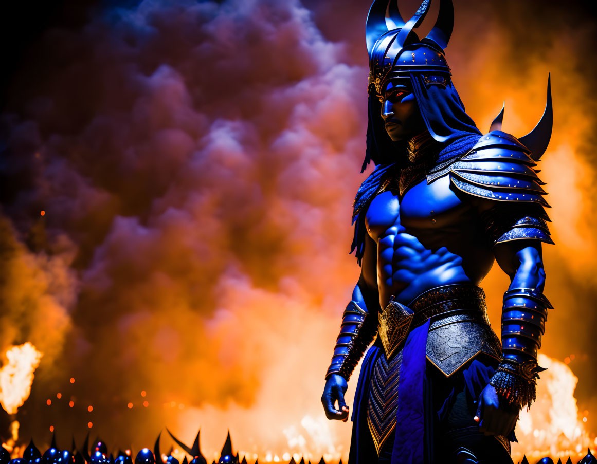 Armored figure in menacing pose under fiery sky with stylized helmet.