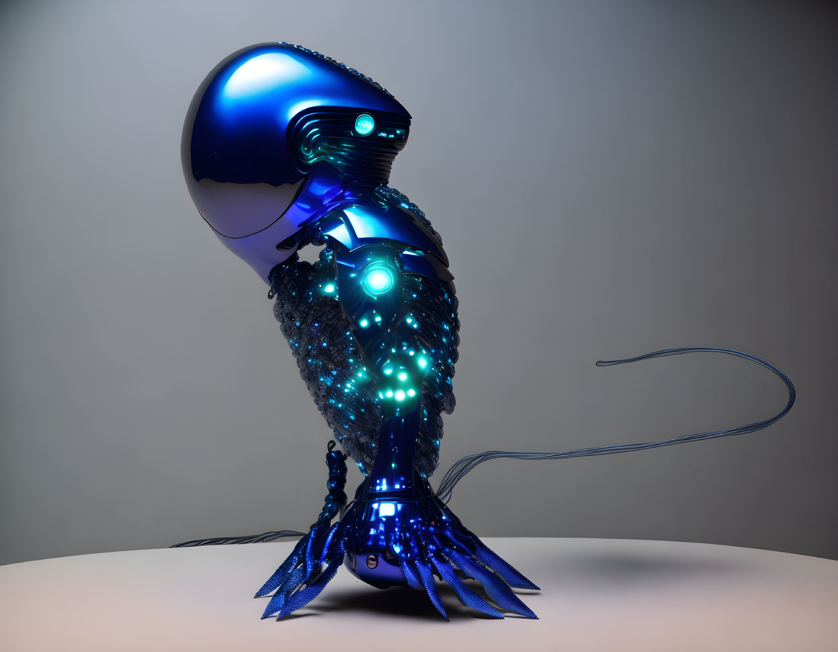 Futuristic blue robotic fish sculpture with glowing patterns