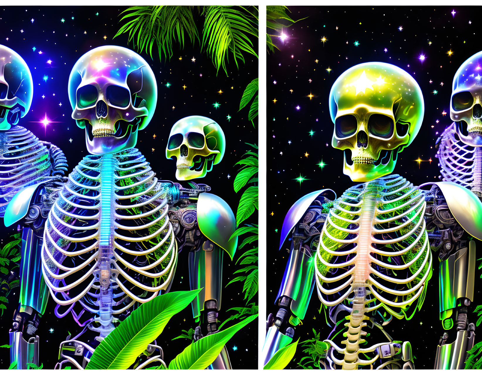 Neon-lit skeletons in tropical cosmic scene