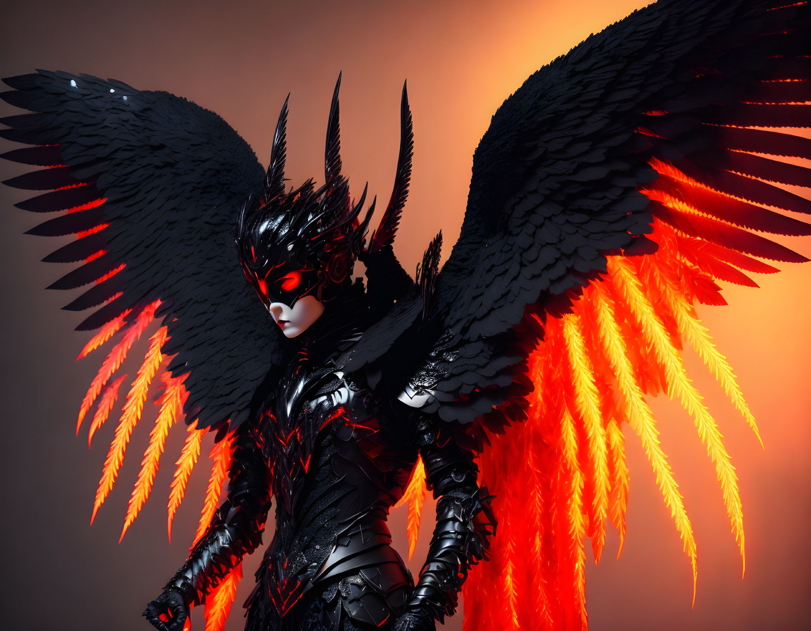 Gothic costume with black wings and horned mask on gradient background