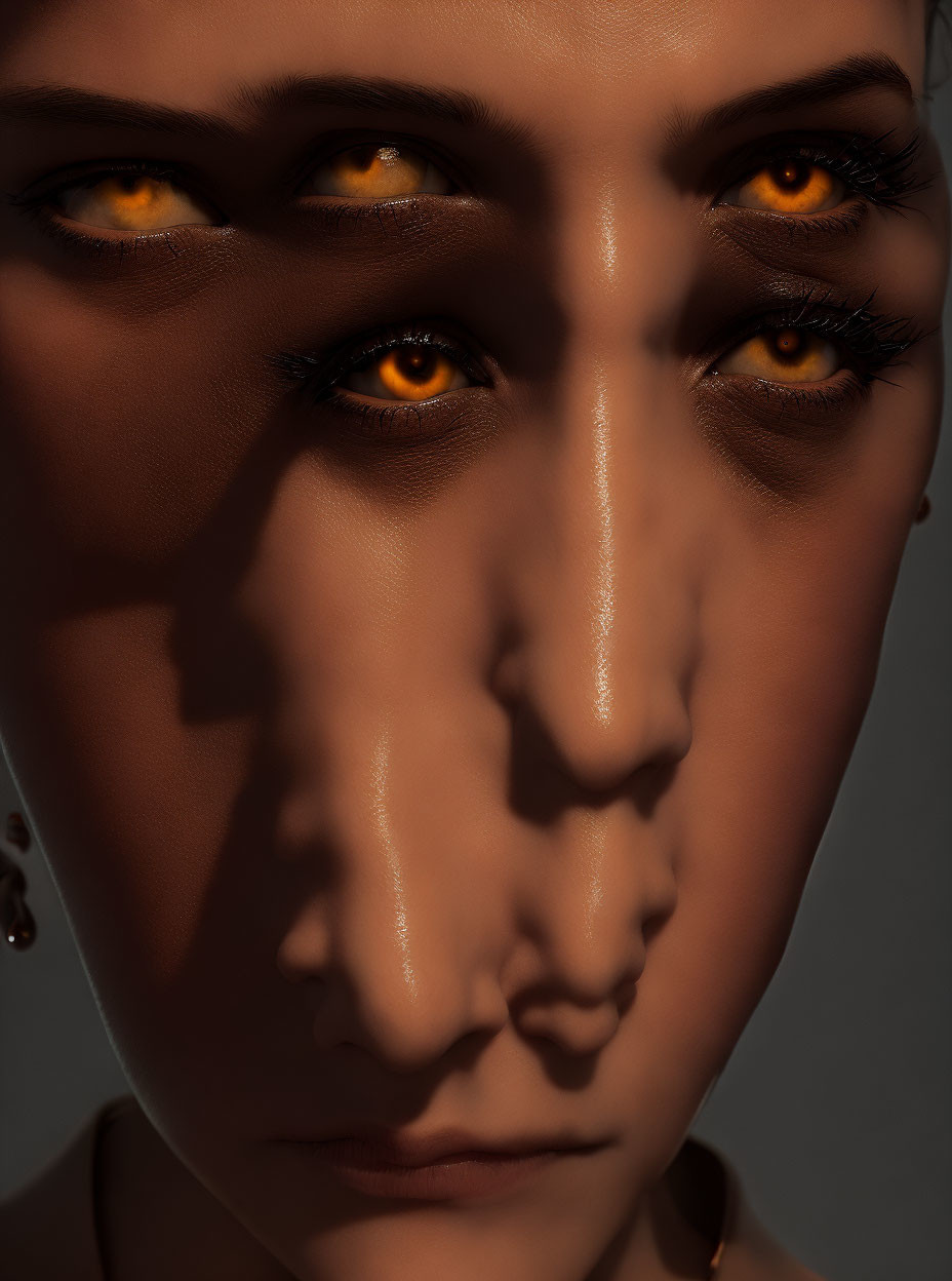 Detailed portrait of a person with striking orange eyes and shadow patterns