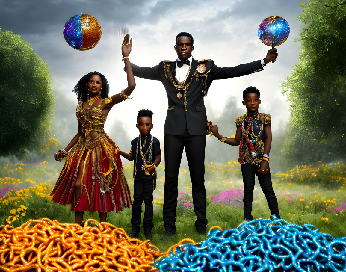 Four individuals in ornate African attire in vibrant meadow with levitating orbs