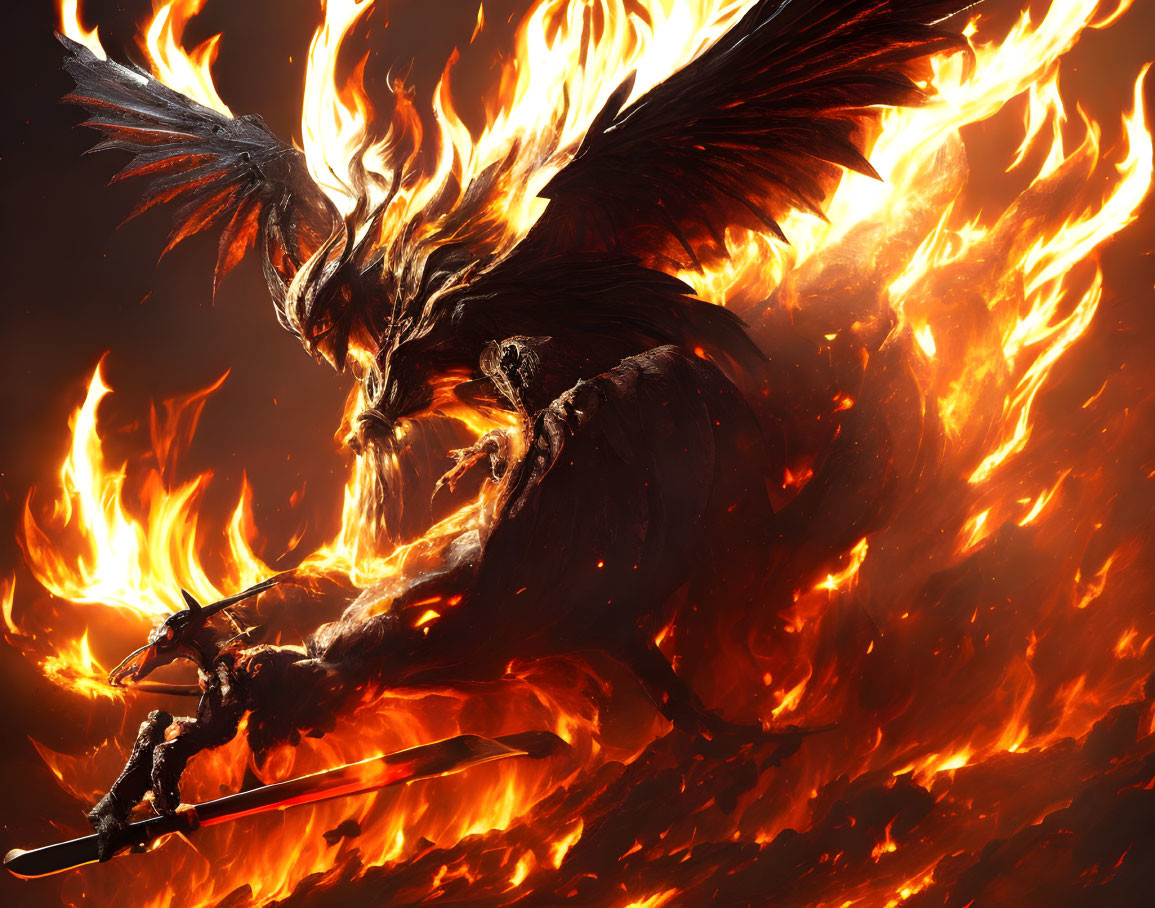 Mythic battle scene: Phoenix vs. sword-wielding figure in flames