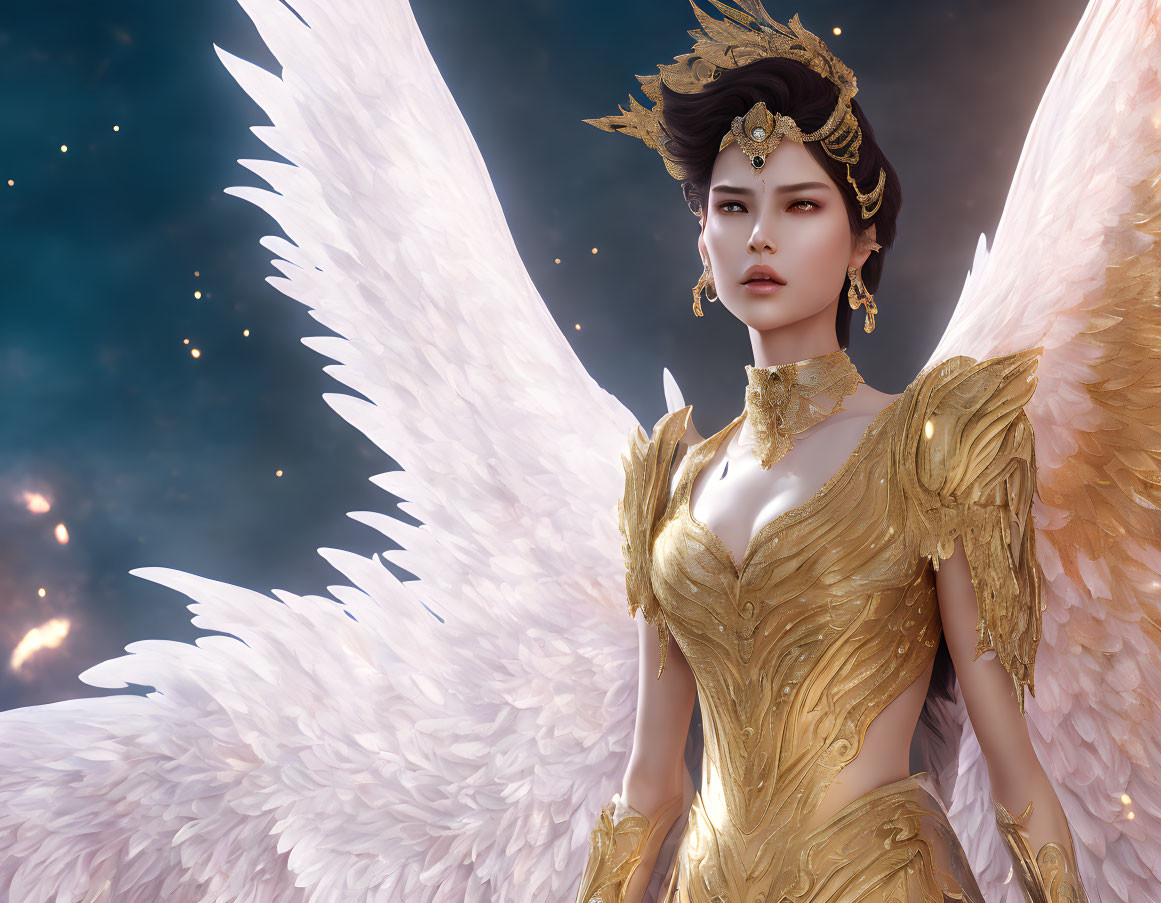 Female figure in golden armor with white wings against celestial backdrop