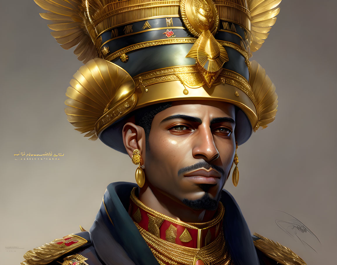 Man in Golden Headdress and Military Uniform with Regal Detailing