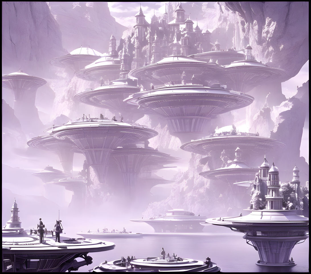 Monochromatic purple cityscape with mushroom-shaped towers