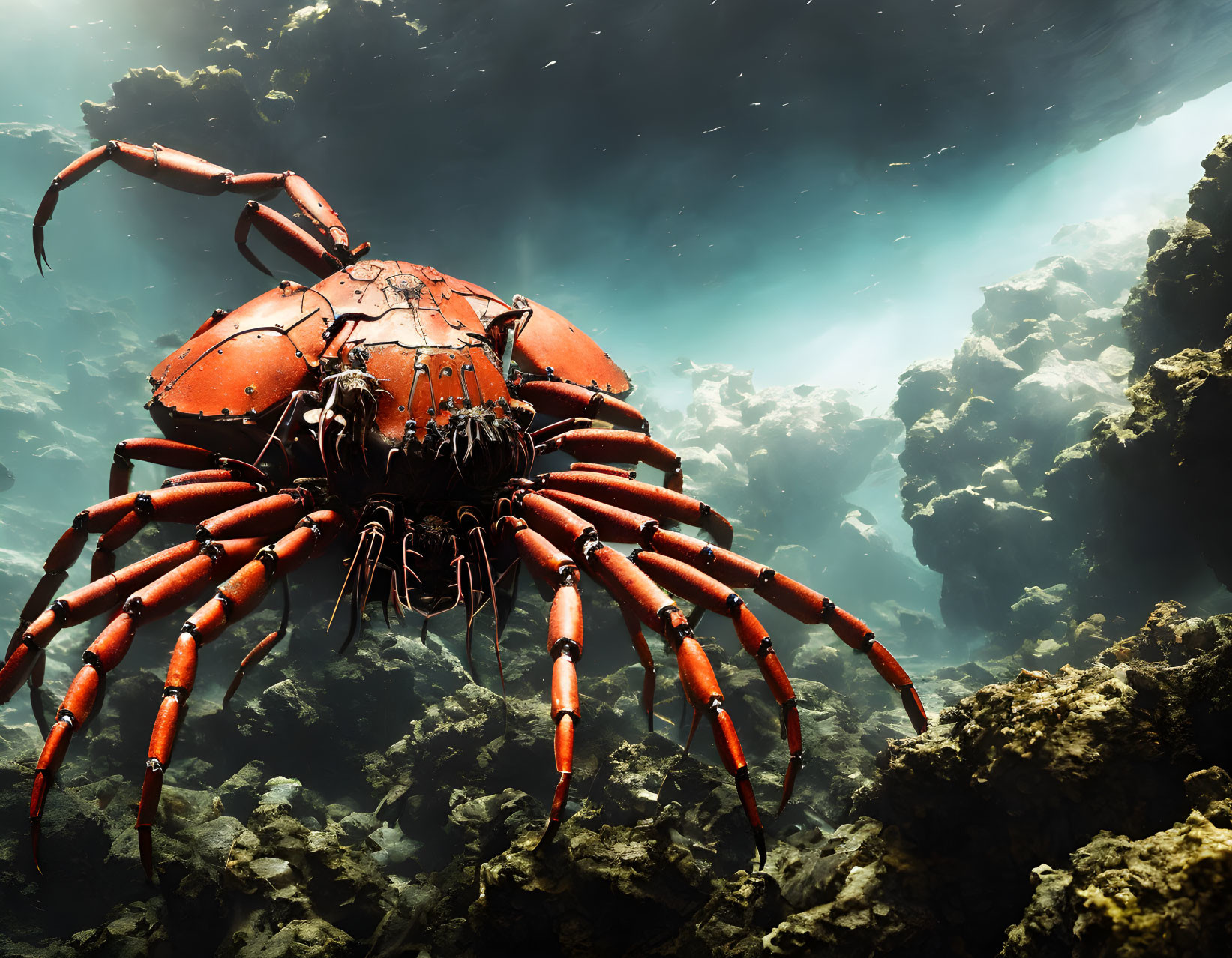 Orange Mechanical Crab-Like Creature on Rocky Underwater Terrain