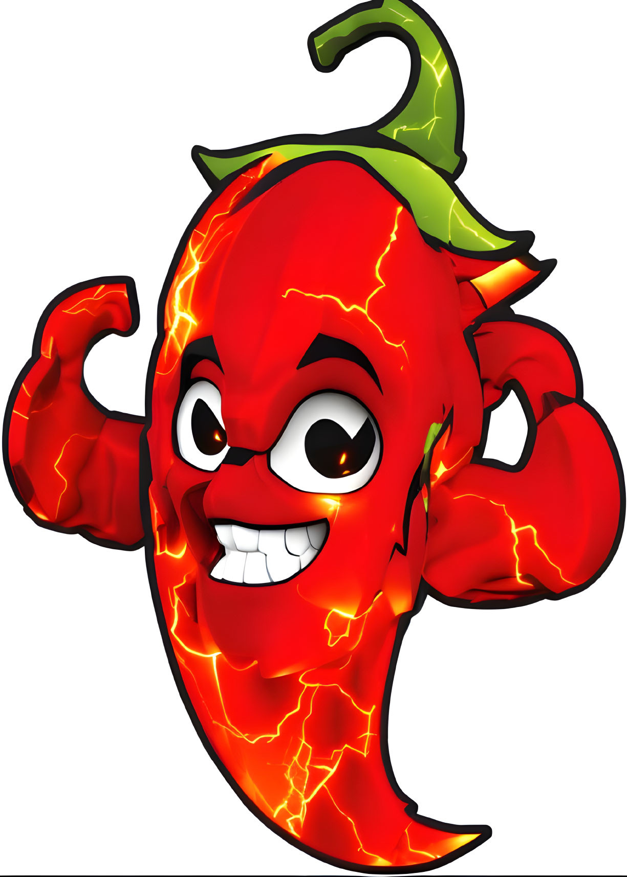 Fiery animated chili pepper with muscular arms and mischievous grin