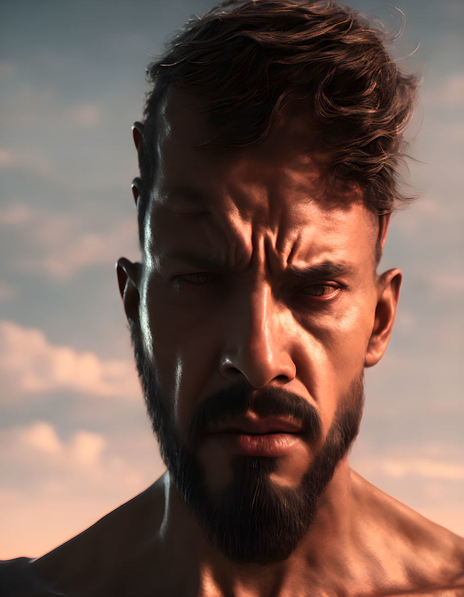 Man with stern expression, dark hair, and beard against clouded sky.