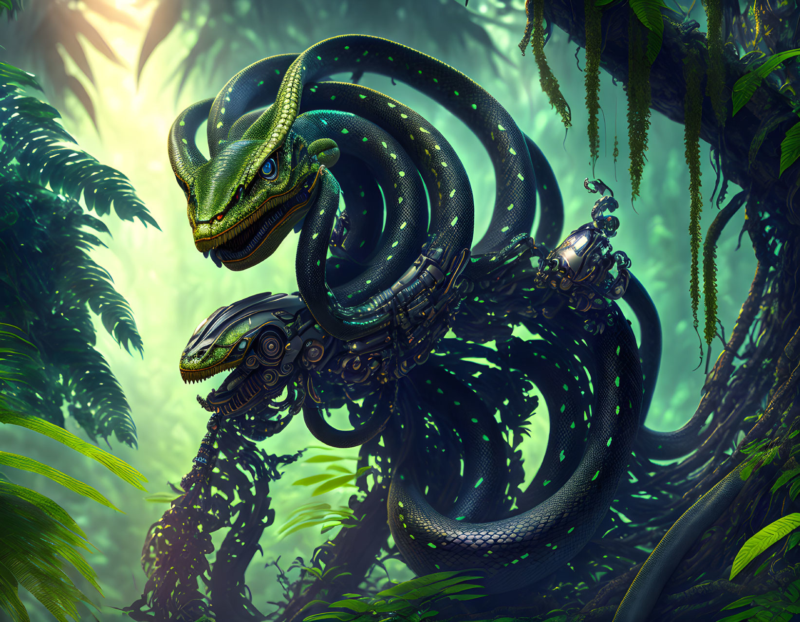 Digital art: Mechanical serpent in lush green forest