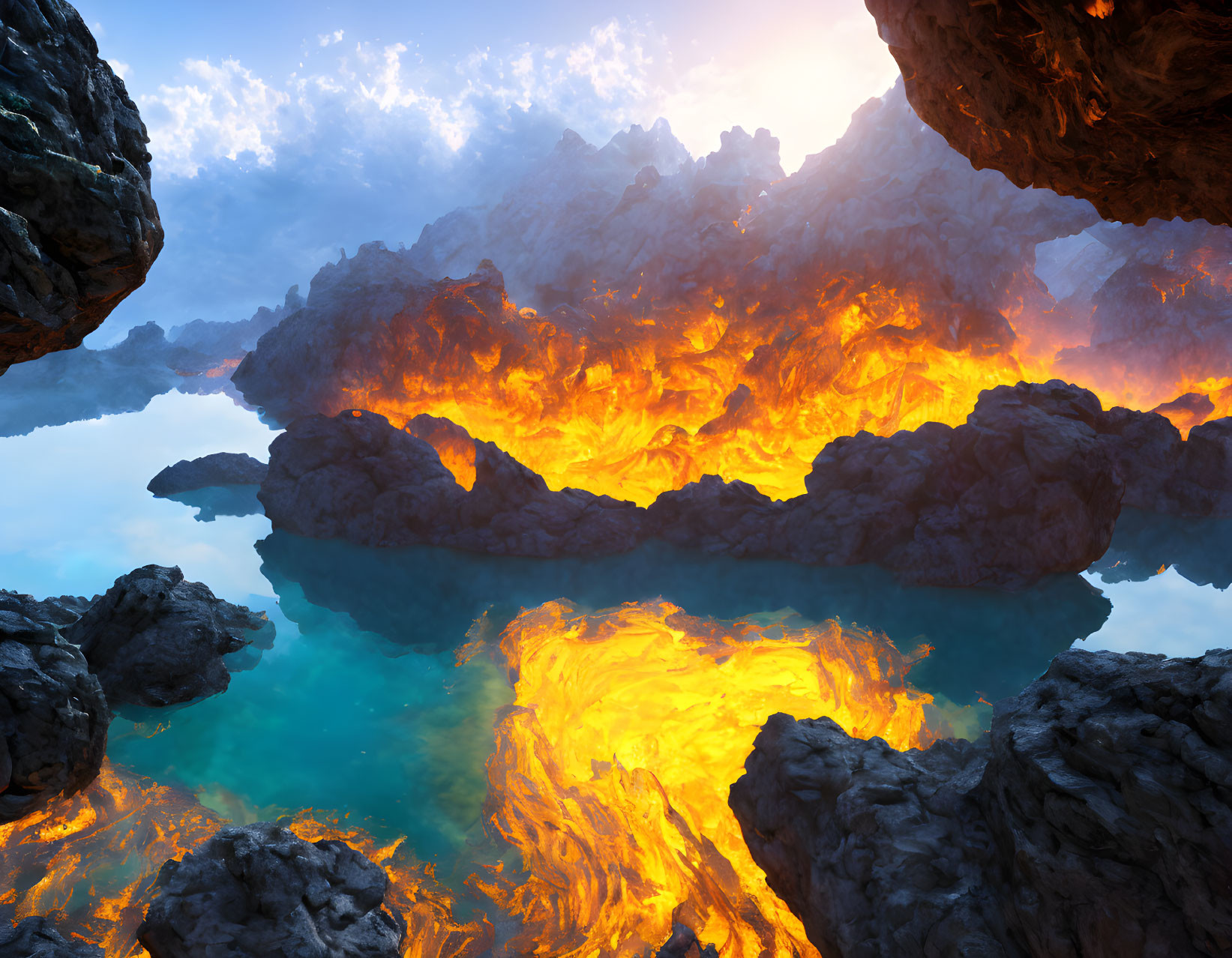 Fiery volcanic landscape with molten lava and blue water reflection