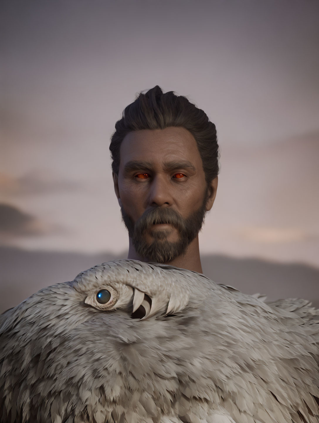 Bearded Man with Glowing Orange Eyes and Blue-Eyed Bird in Dusky Sky