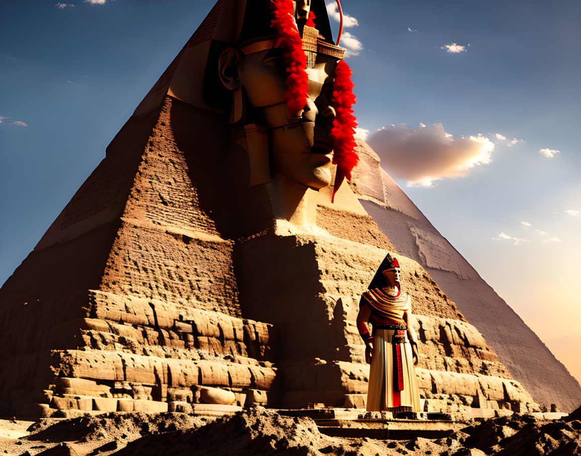 Colorful Anubis statue at vibrant pyramid under clear sky