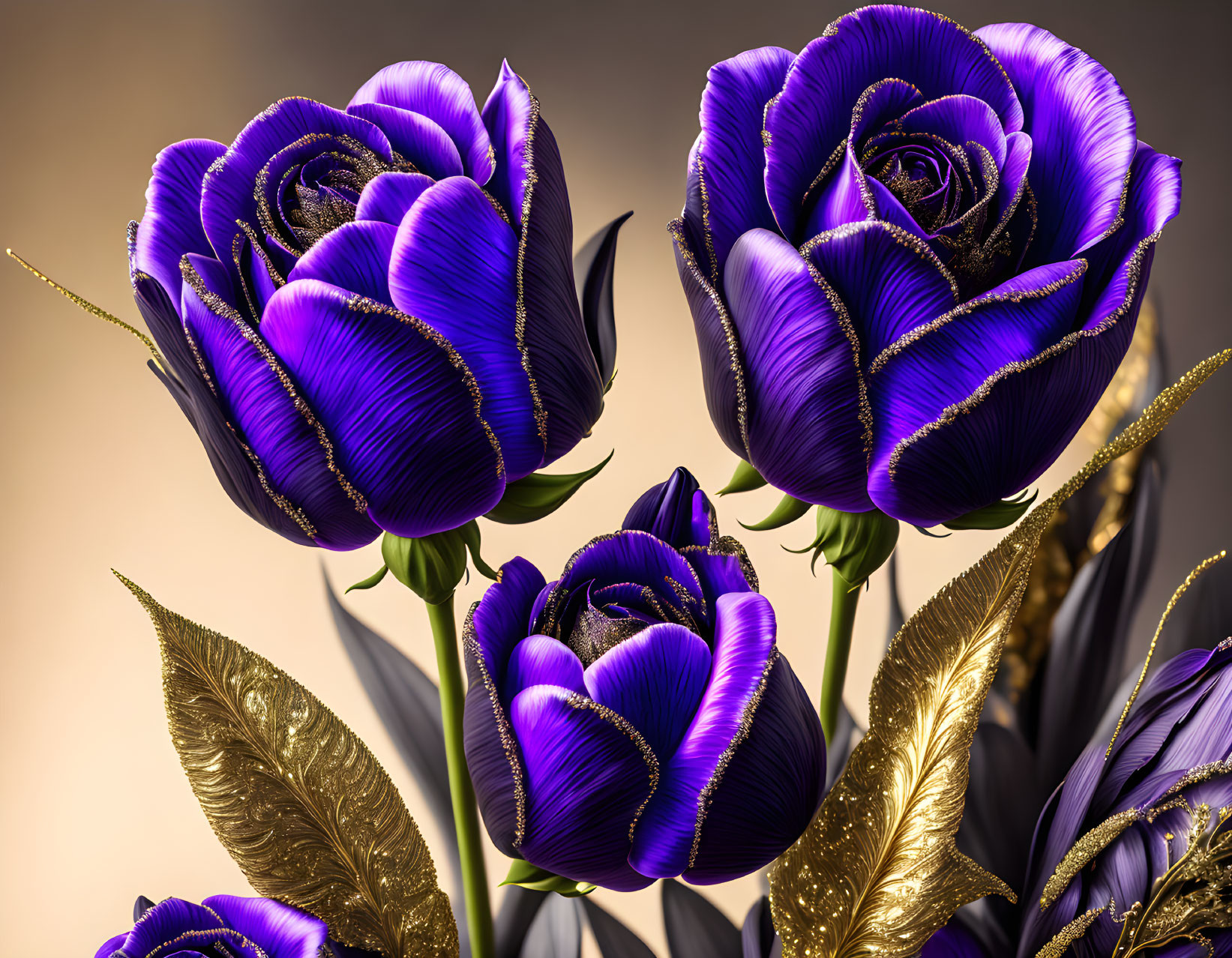 Vivid Purple Roses with Golden Accents on Soft Background