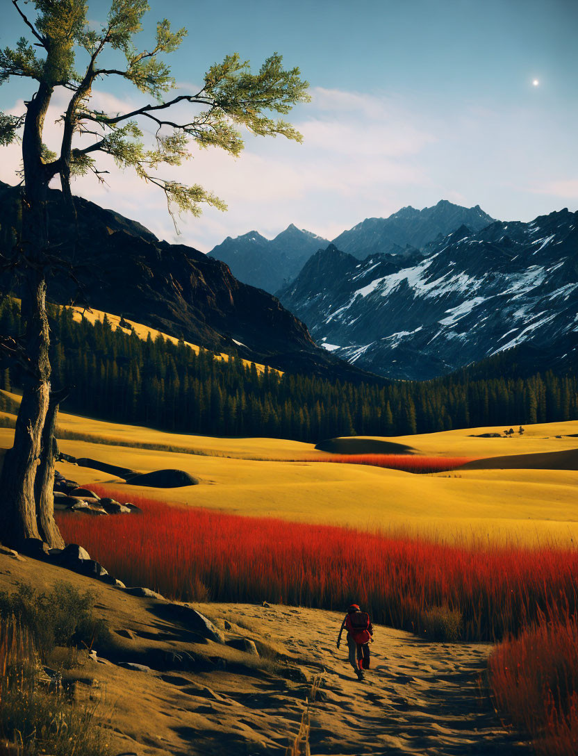 Hiker Walking in Colorful Valley at Sunset