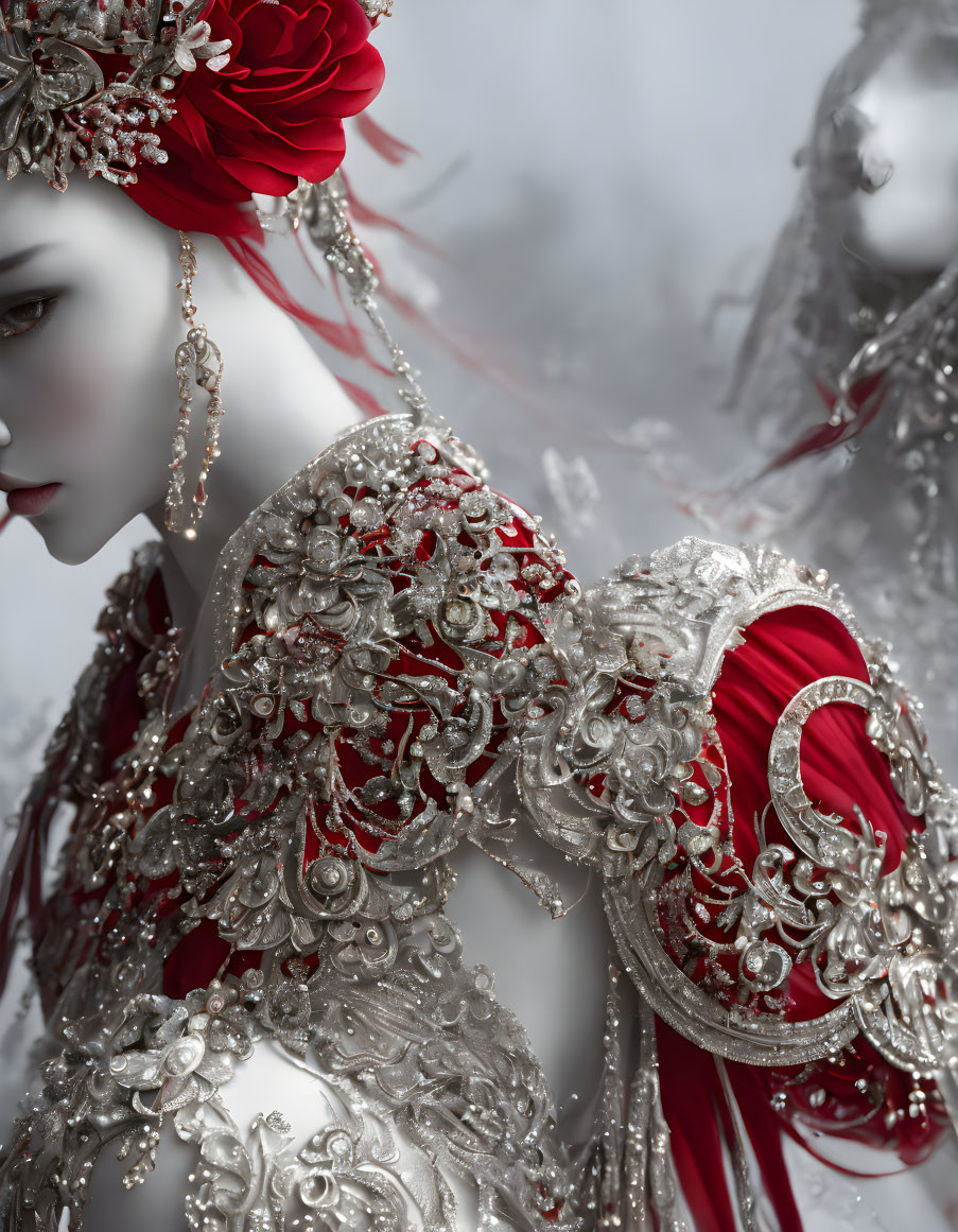 Elaborate costume with silver shoulder embellishments and red flower reflected in mirror