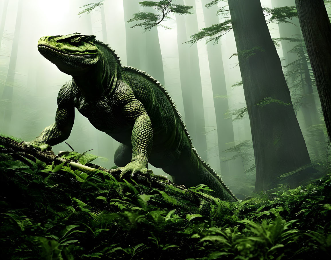 Digital Art: Large Lizard Creature in Misty Green Forest