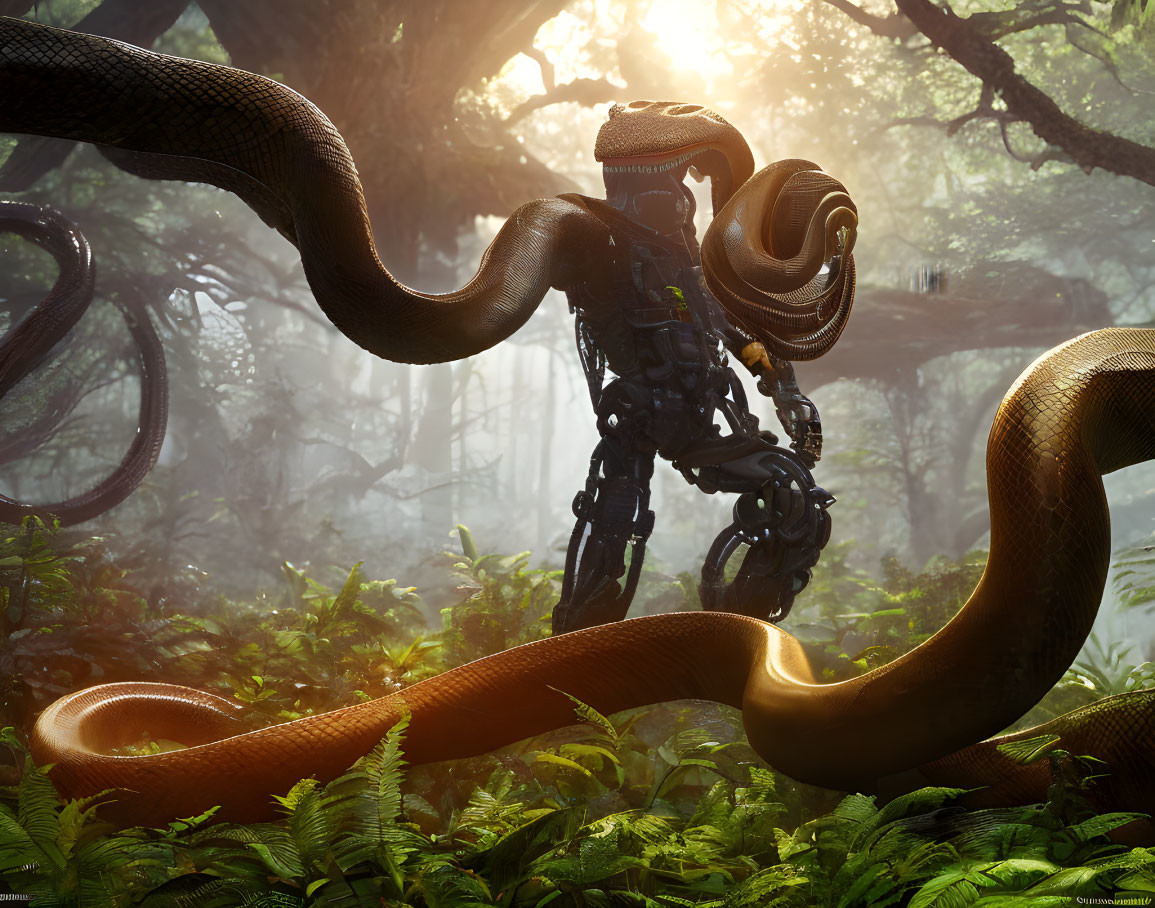 Robotic figure with giant snakes in misty forest scenery