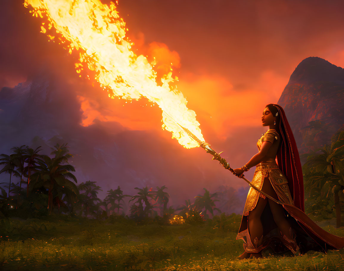 Female warrior in ornate armor wields fire staff in tropical sunset scene