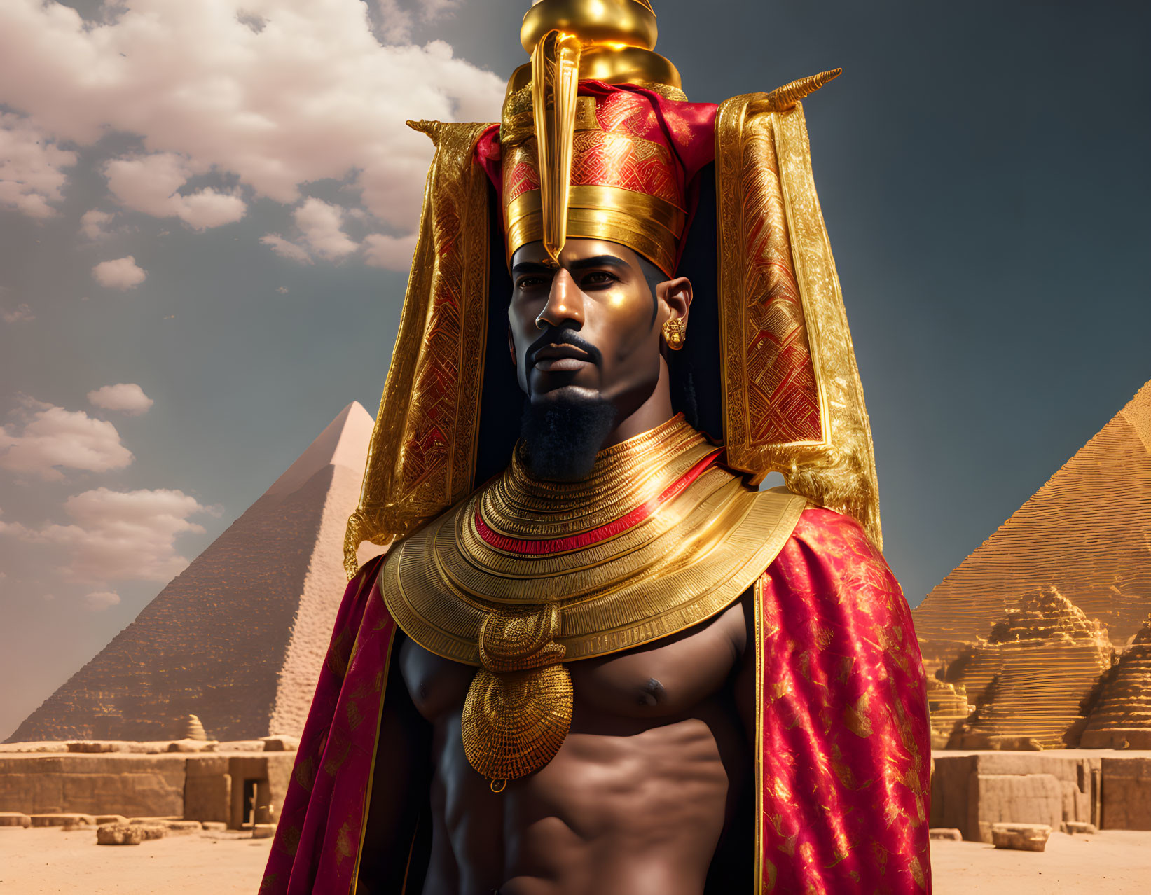 Ancient Egyptian Pharaoh Digital Artwork with Pyramids