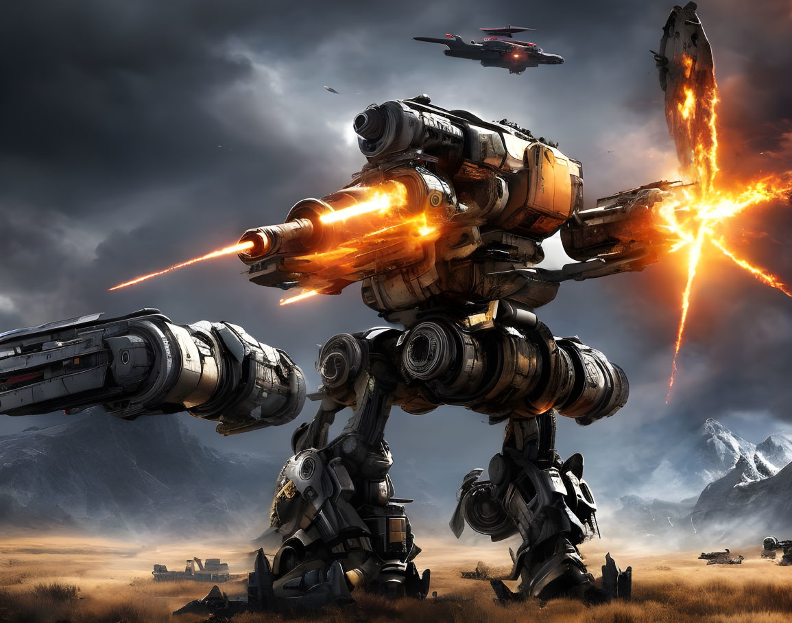 Giant robot with guns in desert battlefield firing at distant target