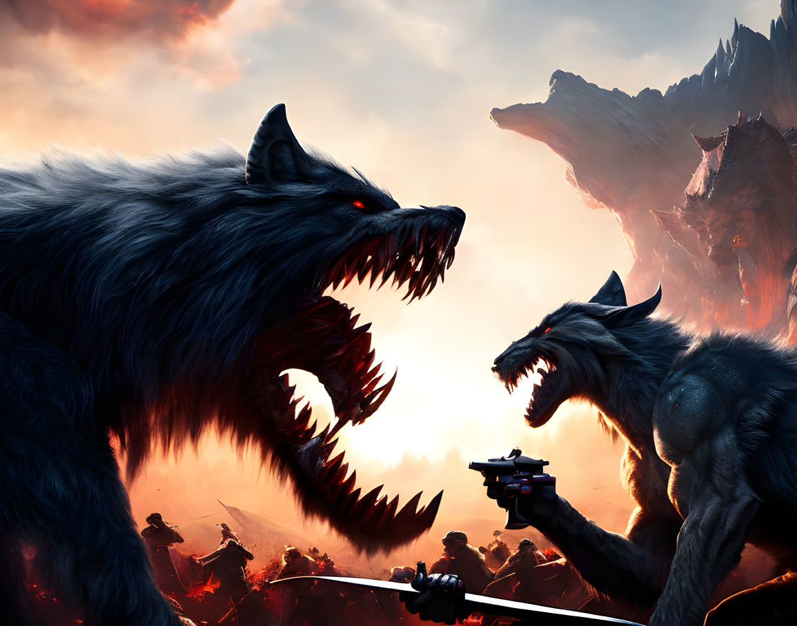 Fierce wolves with glowing red eyes in fiery battle scene