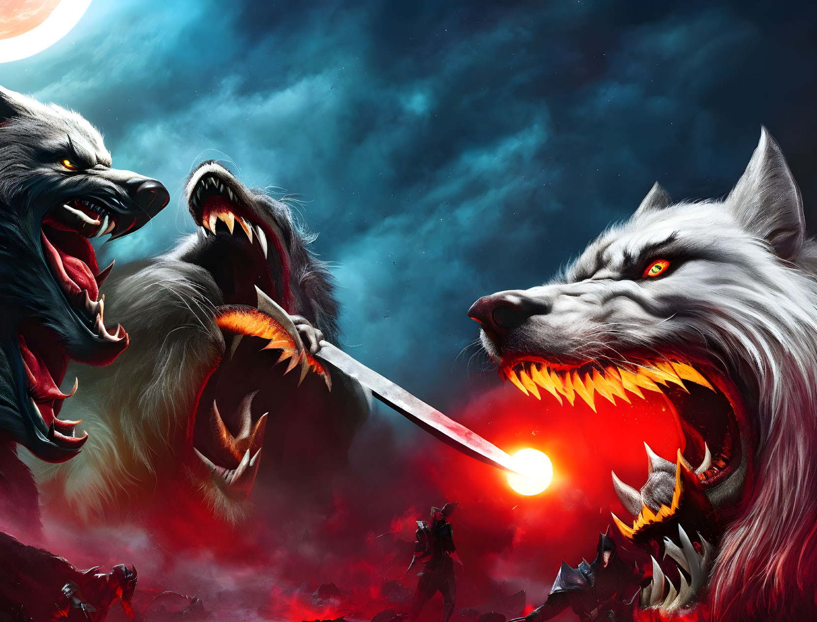 Fierce wolves in mystical battle under red sky with crescent moon.