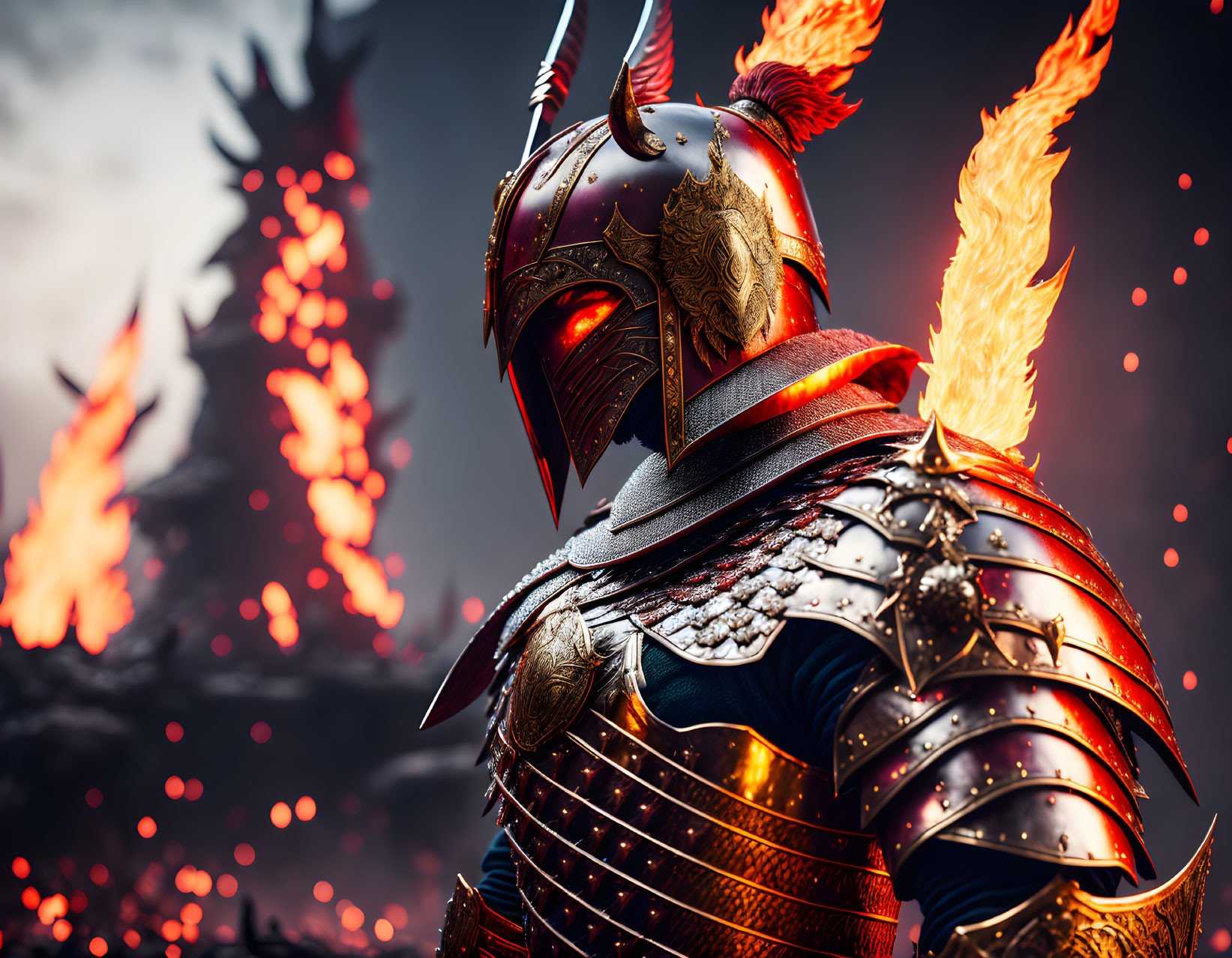 Knight in ornate armor with flaming shoulders against fiery backdrop