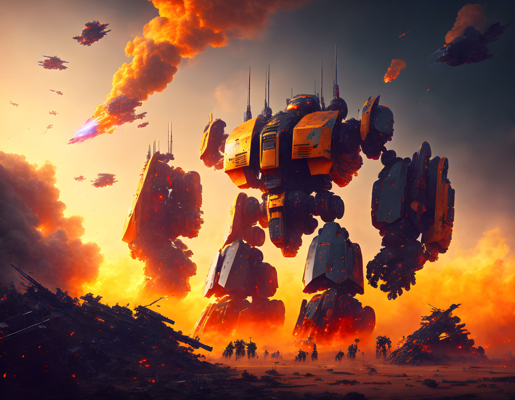 Sci-fi scene: Giant robots, spaceships, explosions in apocalyptic sky