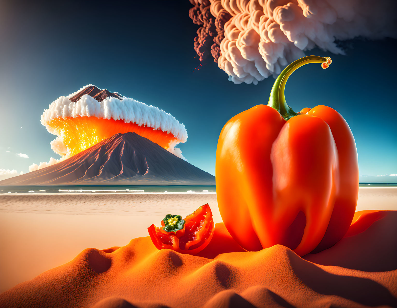 Colorful bell pepper with erupting volcano on sandy terrain