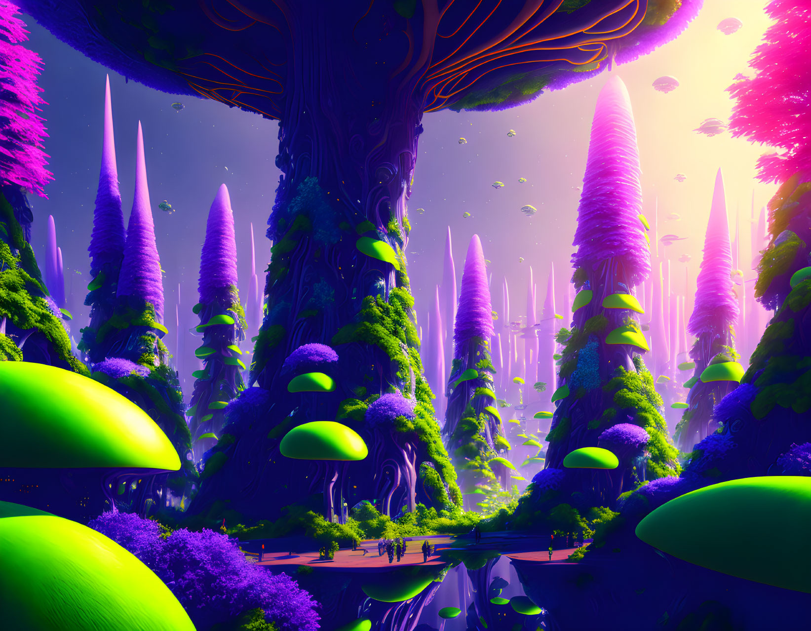 Colorful alien landscape with purple spires, giant tree, and floating islands